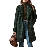 utcoco Women's Plaid Trench Coat Vintage Mid Length Notch Lapel Single Breasted Winter Wool Blend Outerwear