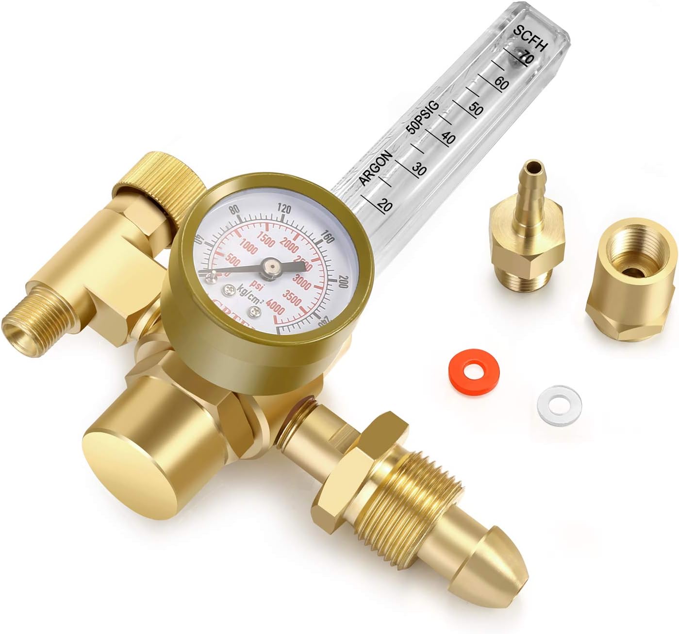 Oumefar Argon/CO2 MIG TIG Flowmeter Gas Regulator – 0-60 CFH Flow Tube, 0-4000 PSI Gauge, CGA-580 Inlet, Single Stage, For Welding (8mm Inlet, G 5/8 Thread)