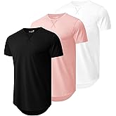 Mens 3 Pack Plain Cotton Shirts Short Sleeve Casual Crew Neck T-Shirts Hipster Hip Hop Longline Tees Drop Cut Curved Hem