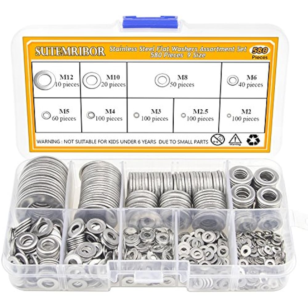 304 Stainless Steel Flat Washers Set 580 Pcs, 9 Sizes M2 M2.5 M3 M4