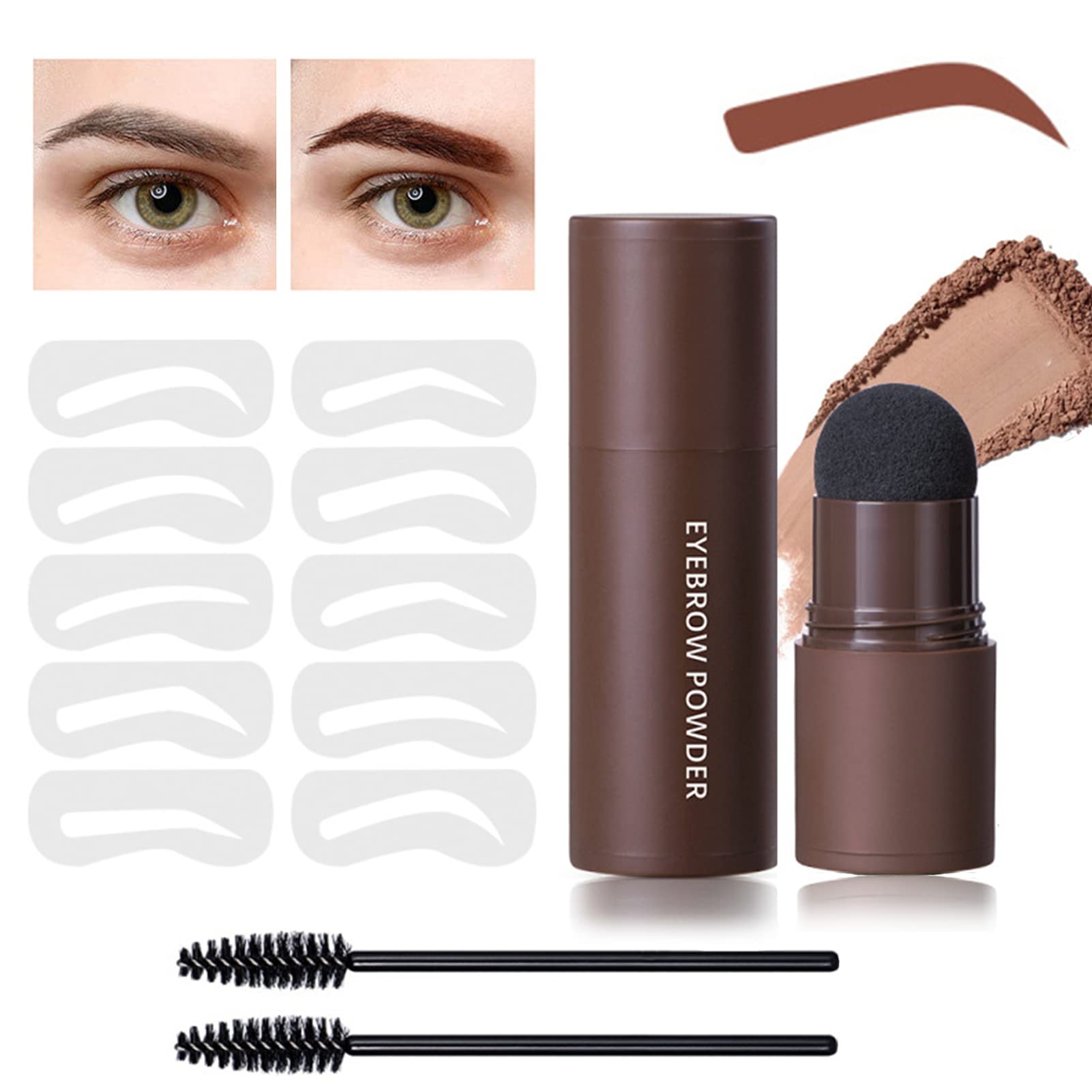 Fashion Base Eyebrow Stencil Kit - Eyebrow Stamp Stencil Kit - 3 in 1 Hairline Shadow Powder with 10 Styles Reusable Eyebrow Stencils, 2 Eyebrow Pen Brushes (Natural brown)