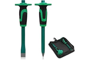 CKJSJ 2 Pack Heavy Duty 12'' Chisels Set with Storage Bag,Point Chisel and Flat Chisel with Hand Protection,Mason Chisel for Concrete, Bricks, and Stones