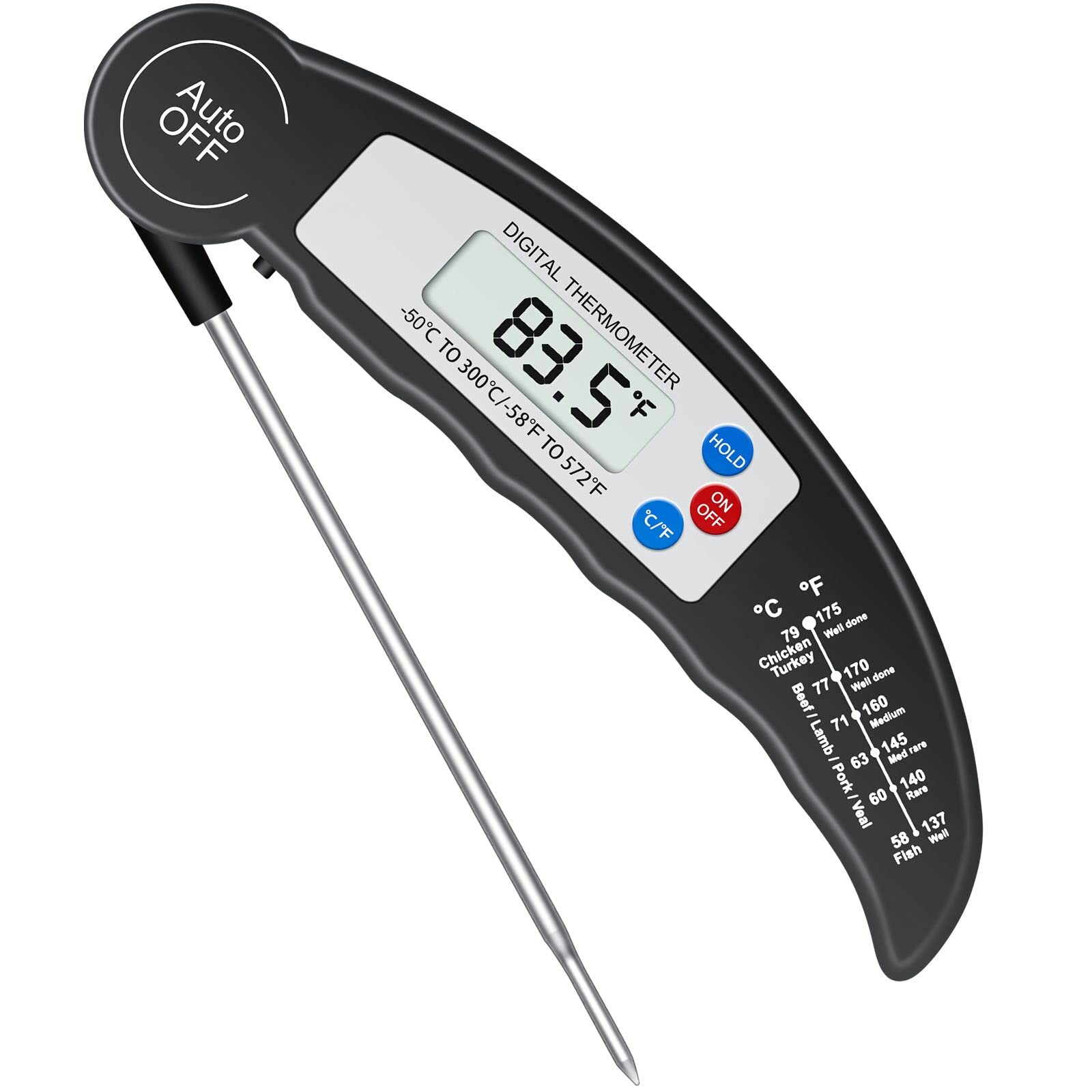 Flintronic Digital Instant Read Meat Thermometer, High Accuracy, °F/°C, Auto On/Off, Black, Kitchen Thermometer