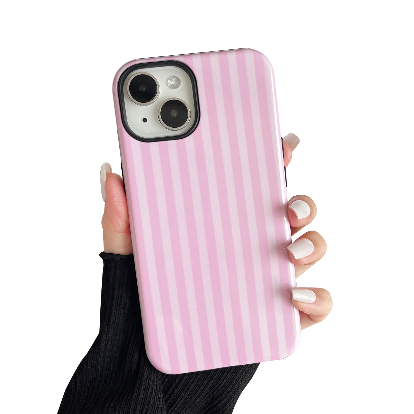 CHEDEMK Compatible with iPhone 14/15 Plus Case, Cute Fashion Aesthetic Striped Pattern Cover for Women, Shockproof Soft TPU and Hard PC Protective Phone Case for iPhone 14/15 Plus 6.7"- Pink