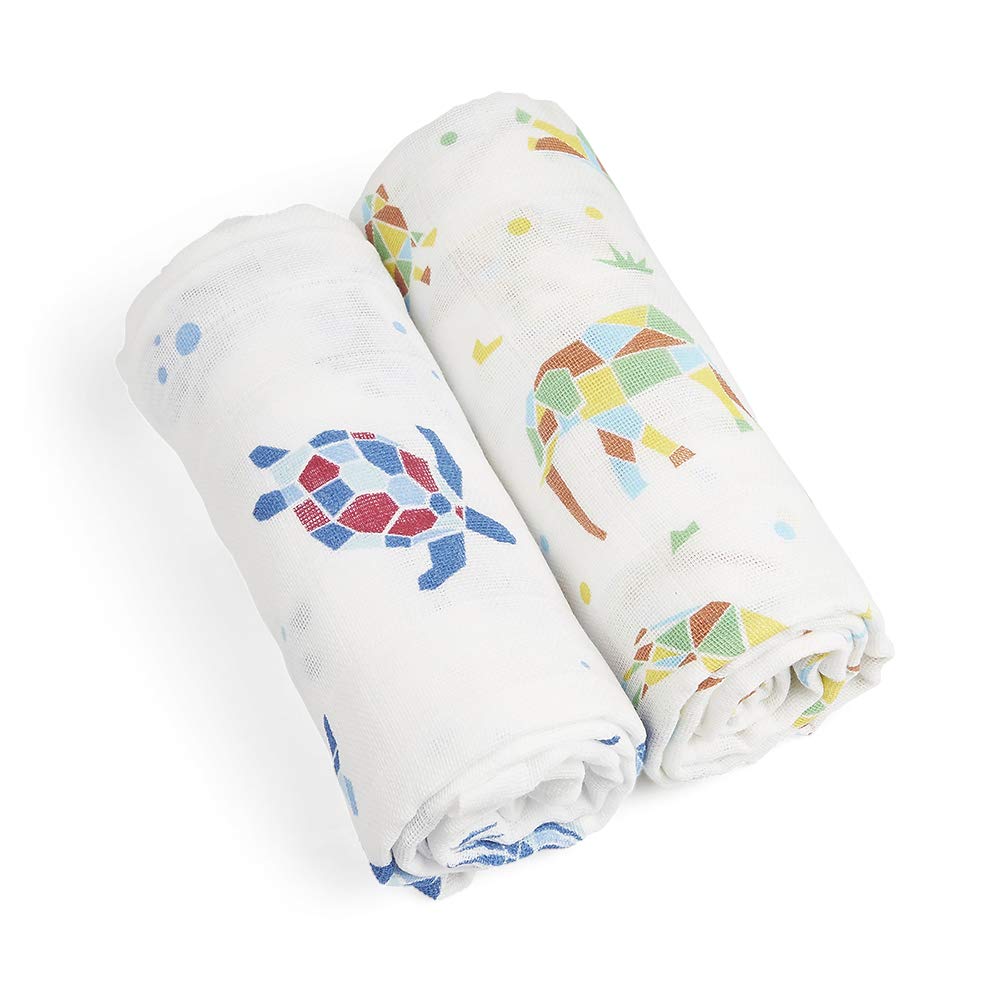 GRÜNSPECHT Organic Muslin Nappies 70 x 70 cm 100% Cotton (Controlled Organic Organic), Burp Cloths, Without Optical Brighteners, Skin-Friendly & Absorbent, Pack of 2, Blue Orange Yellow Animals