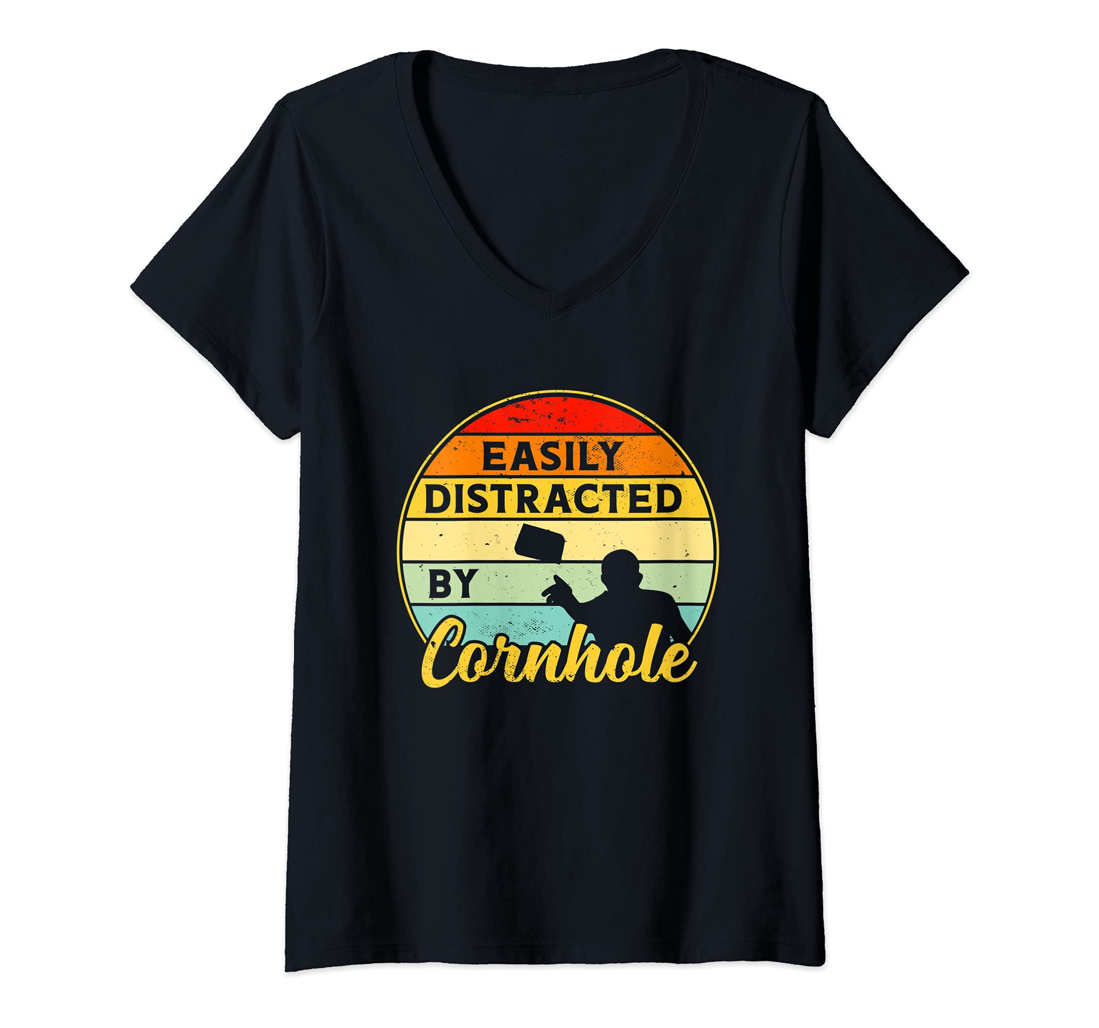 Womens Cornhole Easily Distracted Vintage Retro Team Tournament V-Neck T-Shirt