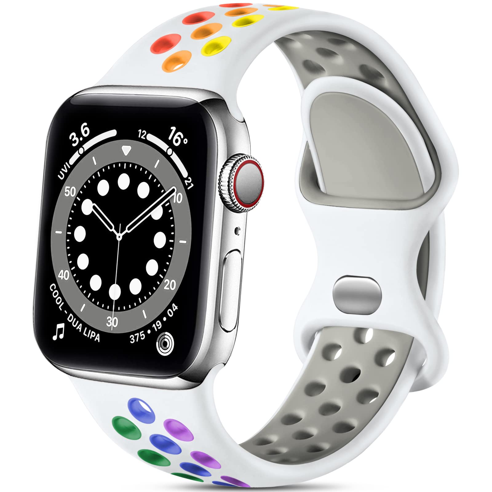 Epova Silicone Sport Strap Compatible with Apple Watch Strap 42mm 44mm 45mm 46mm 49mm, Breathable Replacement Straps for Apple Watch Ultra 2/iWatch SE Series 11 10 9 8 7 6 5 4 3, White/Rainbow, Large