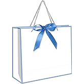 5 | 12 | 25 | 50 Pack Gift Bag with Bow Ribbon Horizontal Paper Gift Bags Bulk for Women Men,with Handles for Birthday Wedding Bridesmaid Party Favor Shopping Retail Gift Sacks (Sky blue, 12.6x4.3x10.5 Inch (Pack of 12))