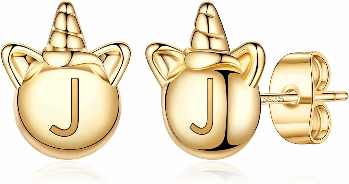 Initial Unicorn Stud Earrings For Girls S925 Sterling Silver 14K Gold 