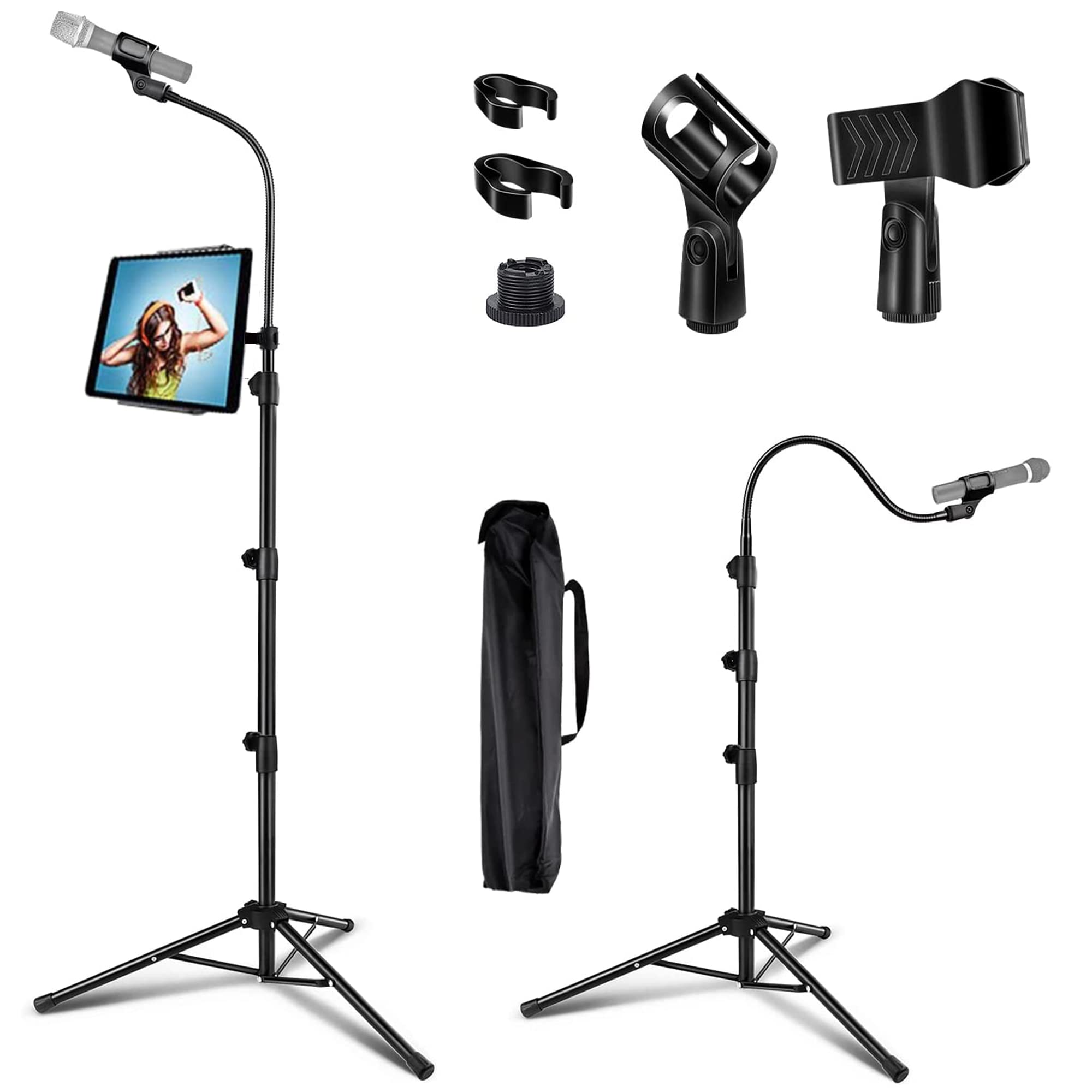 LIUGAST Portable Microphone Stand with Phone Holder, Gooseneck Tripod Adjustable 3.5-6 Feet, 2 Standard Mic Clips, Black