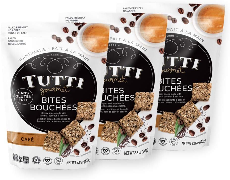 Tutti Gourmet Gluten Free Snacks Bites (Coffee) - No Added Sugar - (3 Pack) 3 x 2.8 oz - Paleo Snacks - Vegan Snacks - Healthy Snacks - Great For Lunch Boxes