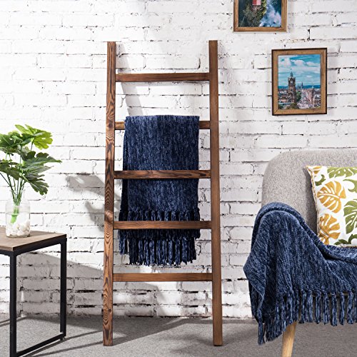 MyGift Rustic Brown Wood Leaning Blanket Ladder Holder with 5 Hanging