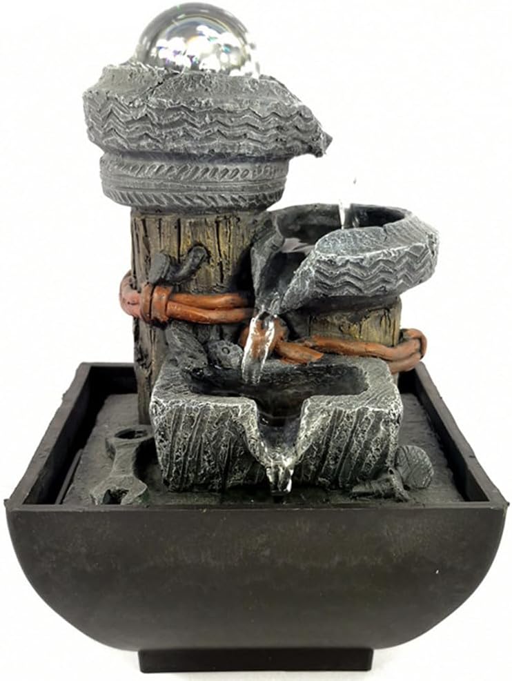 Indoor Fountains & Accessories - 3-Tier Tabletop Waterfall Zen Meditation Fountain Indoor Portable Electric Fountain with LED Lights Rolling Ball Feng Shui Water Fountains for Office Home Relax (Gray)