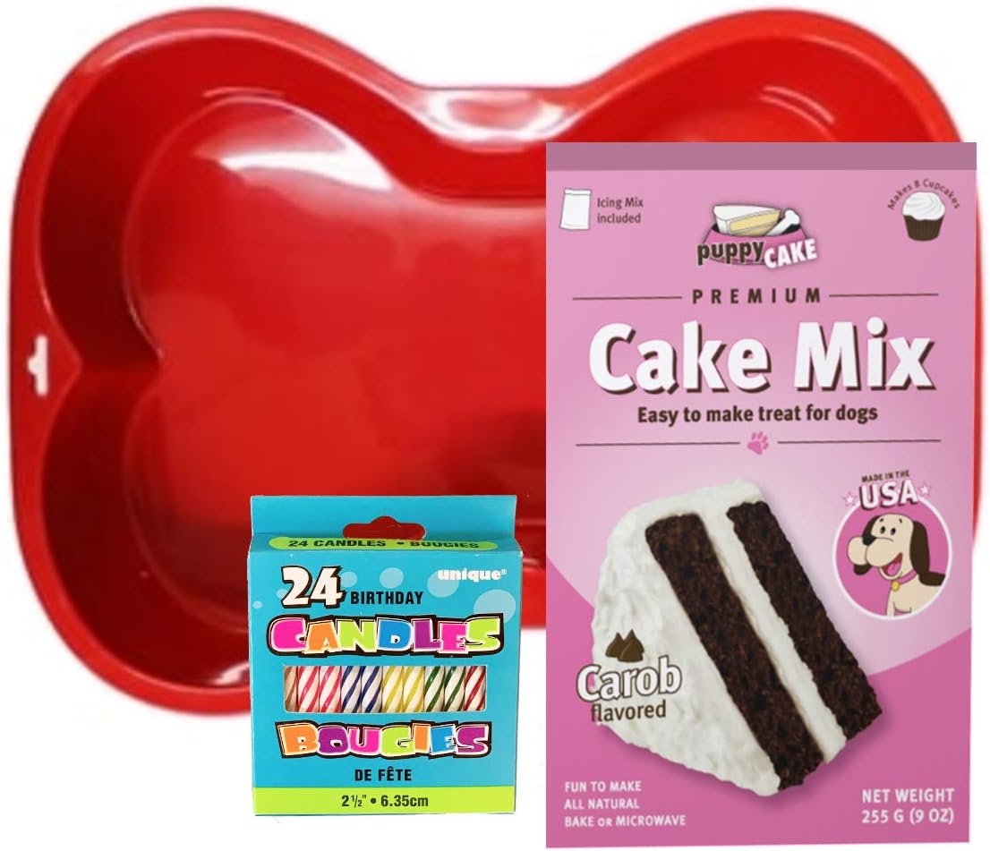 Puppy Cake Mix Dog Birthday Cake Kit, with Bone Silicone Pan and Candles (Carob, Red)