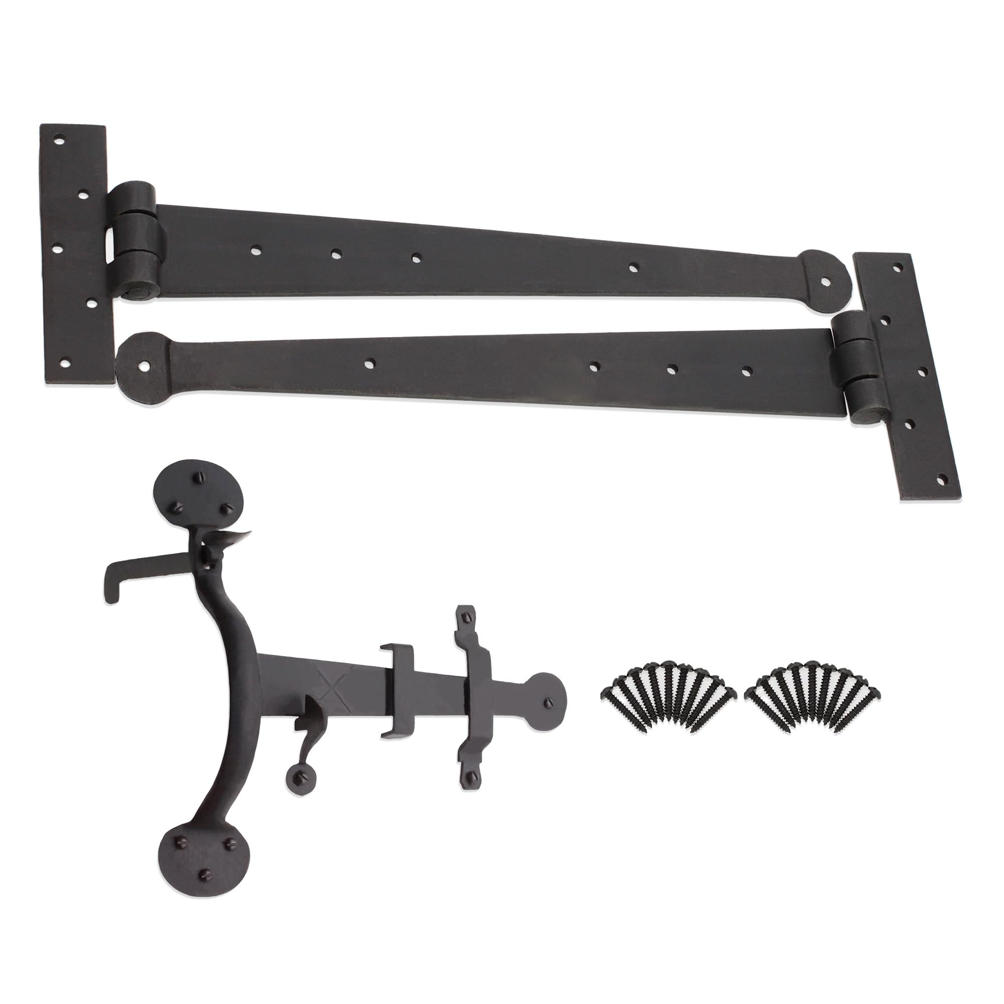 Hand Forged Blacksmith Traditional Penny end Door Tee Hinges+ Suffolk Latch (15" Hinges + Suffolk Latch)
