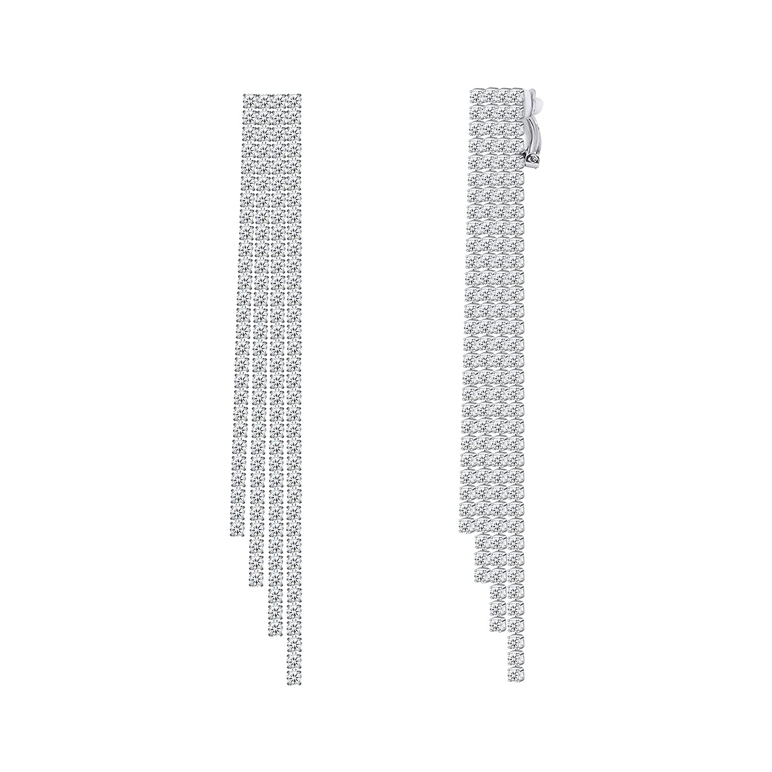 QUKE Woman Long Drop Dangle Tassel Clip On Earrings Cubic Zirconia Crystal Not Pierced Earrings For Women And Girls