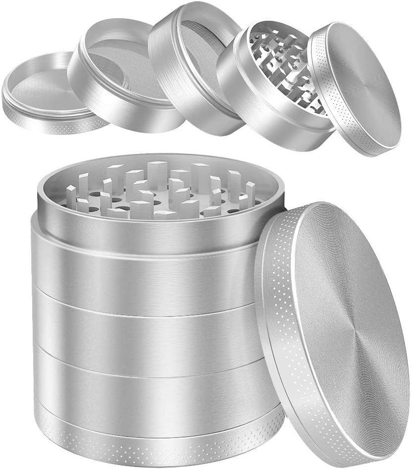 iRainy [5 Piece] Spice Herb Grinder with Pollen Catcher, 2.1 Inch, Metal Black (Silver)