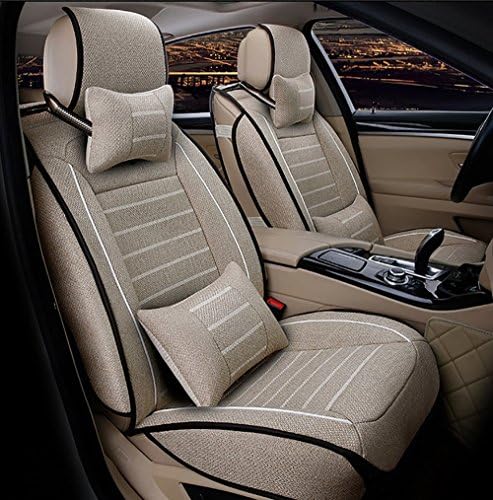 AUTURN Universal Four Season Breathable Car Seat Covers Cushions Front Rear Full Set Linen Seat Cover for 5 Seats Vehicle Cars (Beige)
