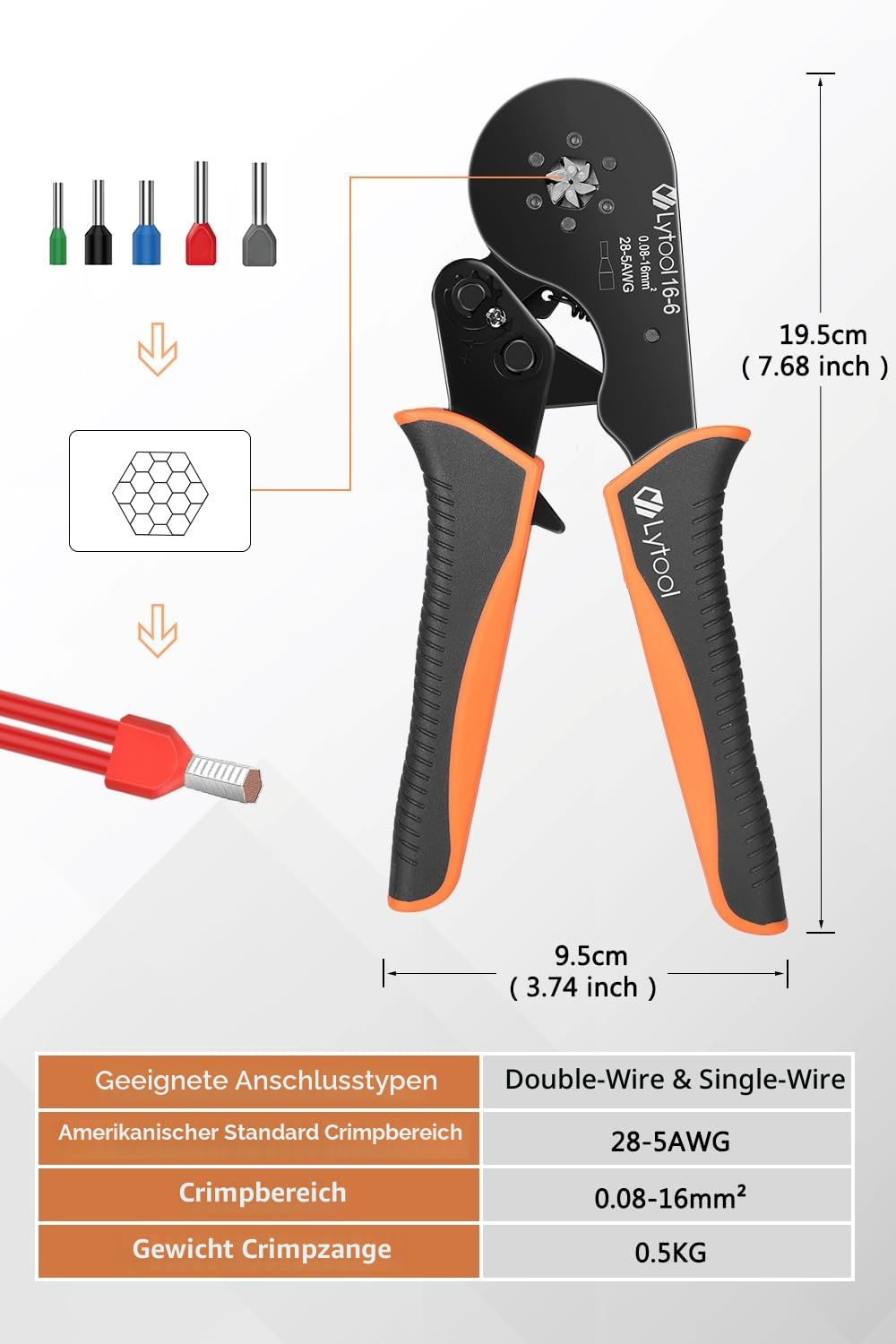 Crimpzange 0.08-16mm², Lytool Aderendhülsenzange Crimp Zange Sechskant Presszange für Isolierte Unisolierte Crimpverbinder (Crimpzange 16-6 Set) 4