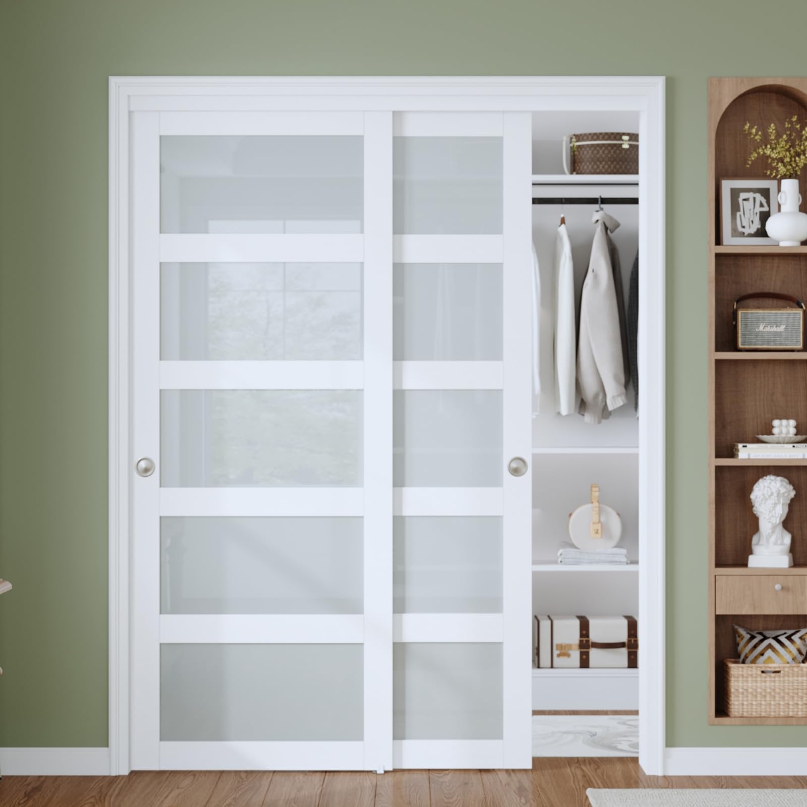 Photo 1 of Finosen Preassembled Sliding Closet Door Slab, 56 x 80 in (Double 29 inch), 5-Lite Frosted Glass, Bypass barn Door with Hardware Kit Included, MDF Wood Panel, Water-Proof PVC Surface, White