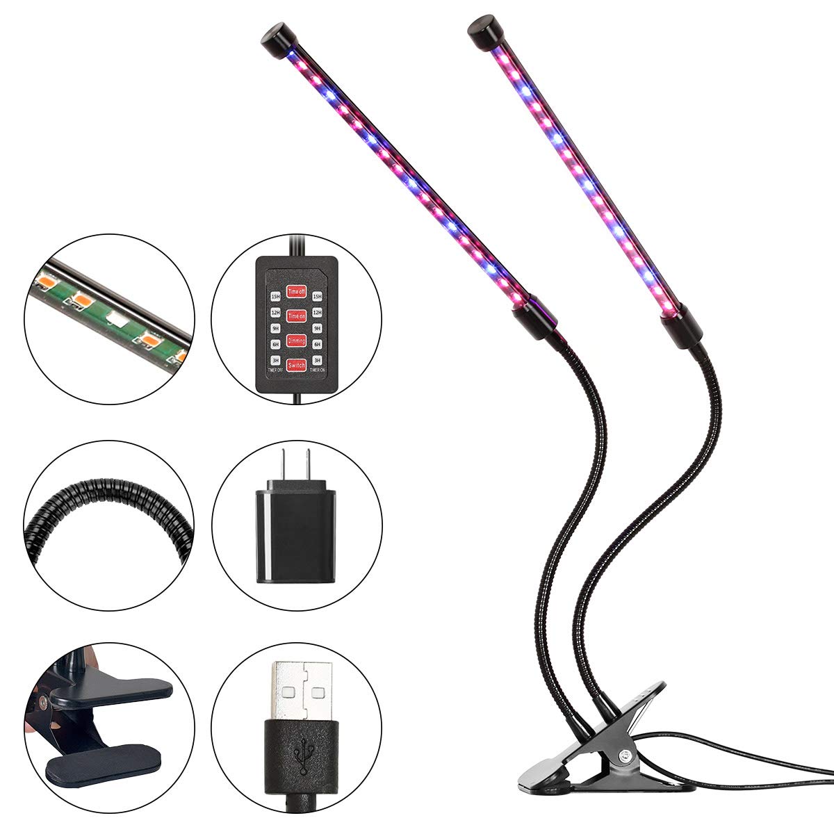 LED Grow Light,INKERSCOOP Upgraded Grow Lamp Auto ON/Off 18W 36 LED Dual Head 3-6-9-12-15 Timer 5 Dimmable Levels Plant Growing Lights 3 Light Spectrum Switching Blue/Red/RED&Blue Light