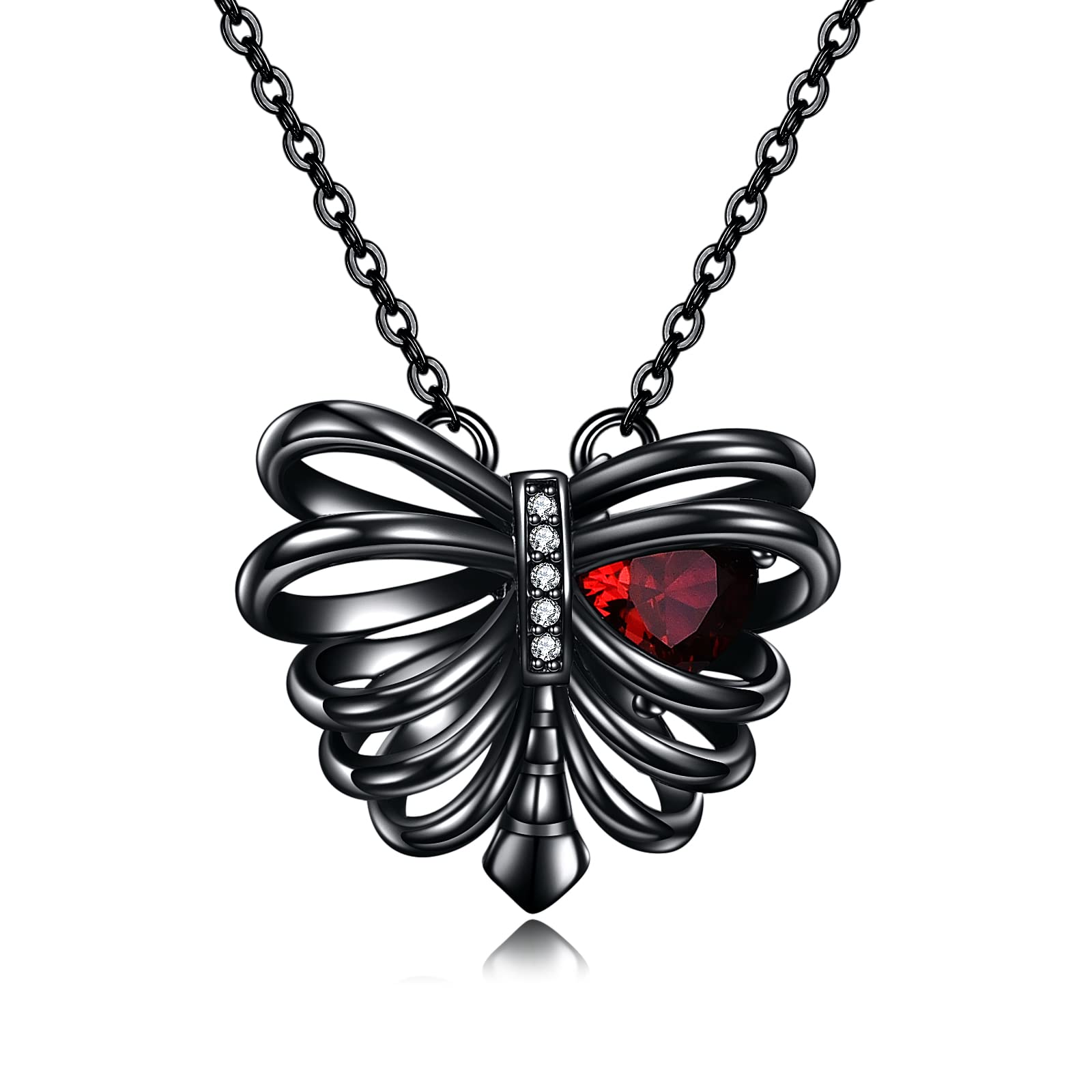 URONE Sterling Silver Rib Necklace Black Pendant with Red Heart Zircon Gothic Skull Halloween Jewellery Birthday Gifts for Women Girls