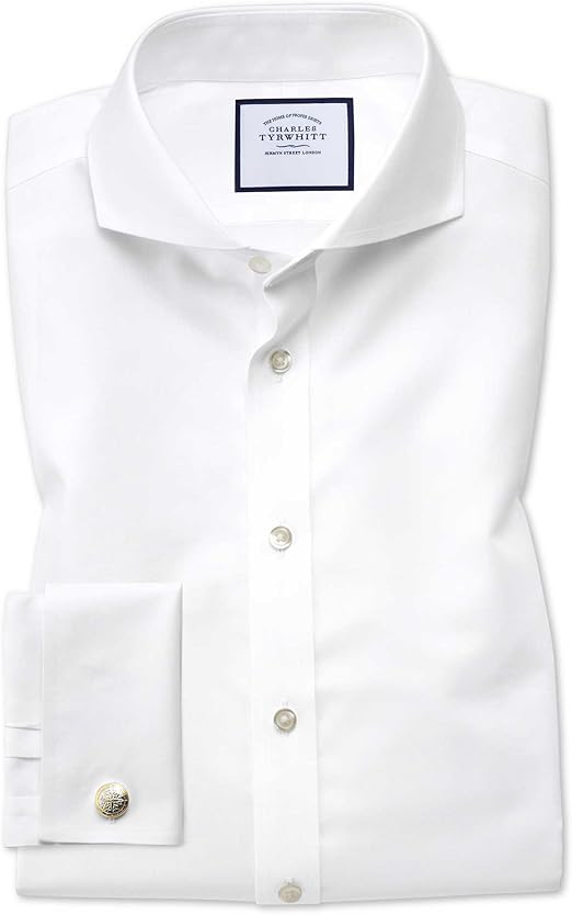 Extreme Cutaway Collar NonIron Twill Cotton Formal Shirt White Double Cuff by Charles
