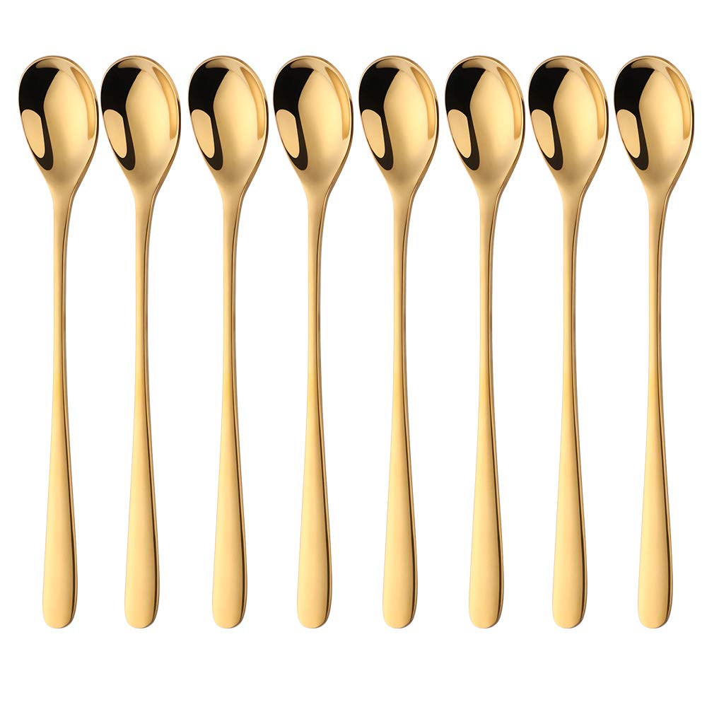 BISDARUN Latte Spoons Gold Long Handle Teaspoons 18/10 Stainless Steel Spoons for Dessert Cocktail Ice Cream Sundae Coffee, 8 Inch/20.5 CM, Set of 8
