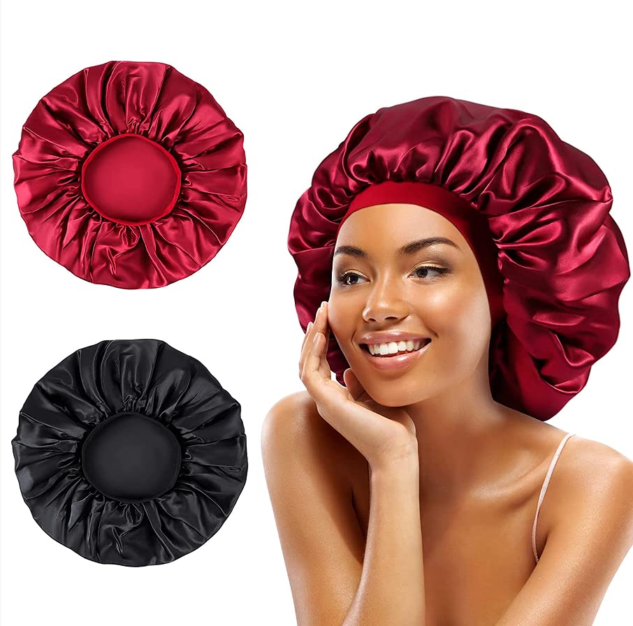 GEFIRE 2 Pieces Satin Sleep Cap Bonnet Hair Cap Curl Cap for Sleeping Hair Cap for Night Headgear Soft Head Cap Sleep Cap Silk with Elastic Band for Women and Girls (Black, Red)