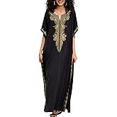 Women Embroidery Golden V Neck Arabic Dubai Kaftan Casual Beach Wear Cover Up Caftan Side Split Long Dress Black