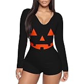 RUEWEY Women Halloween Romper Pajamas V Neck Long Sleeve Bodycon Shorts Jumpsuit One Piece Bodysuit
