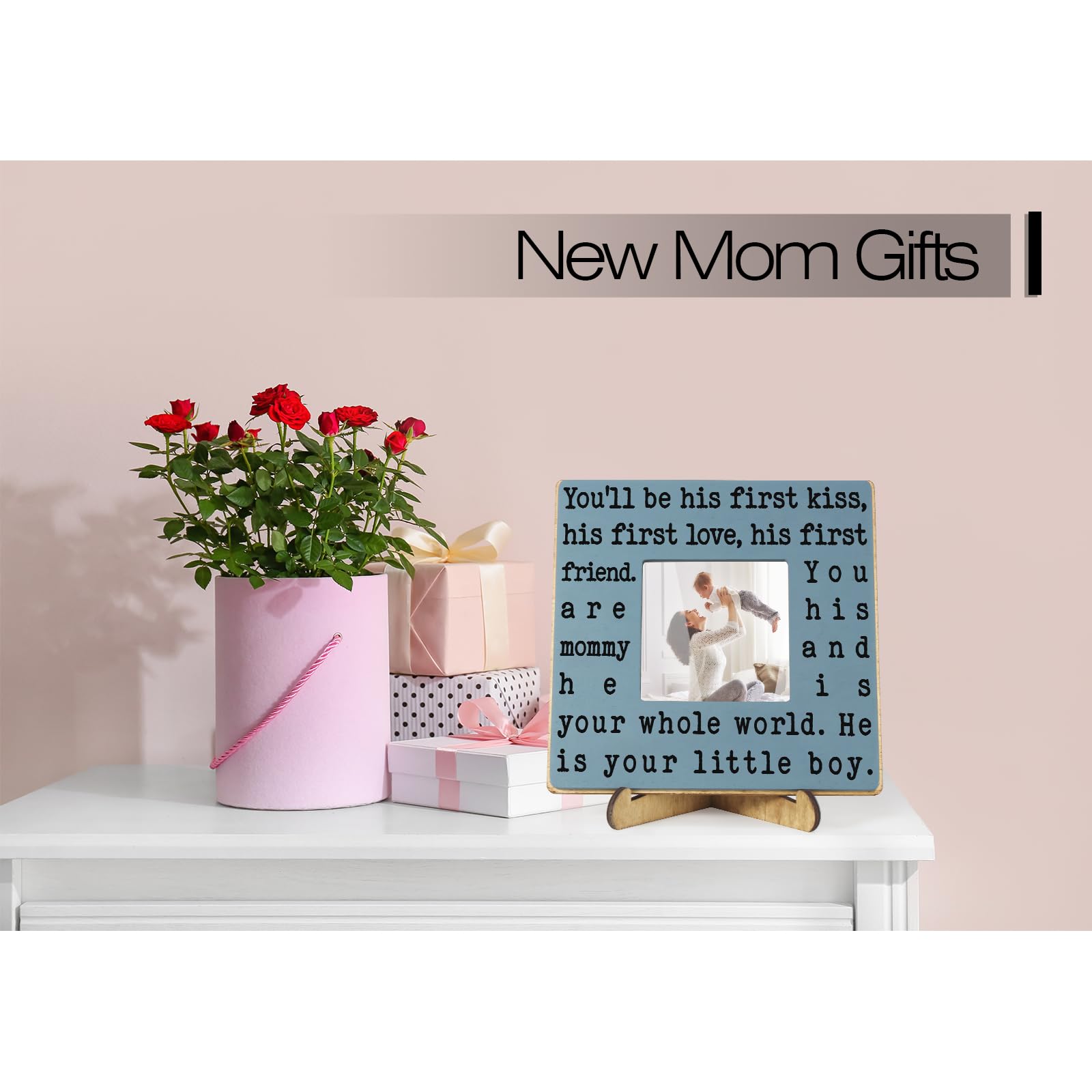 THYGIFTREE New Mom Gifts for Women, Mothers Day Gifts from Son | Boy Mom Picture Frame, Sentimental Birthday Gift for Mom | Fits 4x4 Photo, Rustic Farmhouse Home & Desk Decor