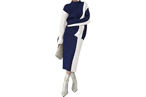 Pink Queen Women's 2 Piece Outfits 2025 Fall Winter Sweater Skirt Set Long Sleeve Oversized Top High Waist Color Block Dress