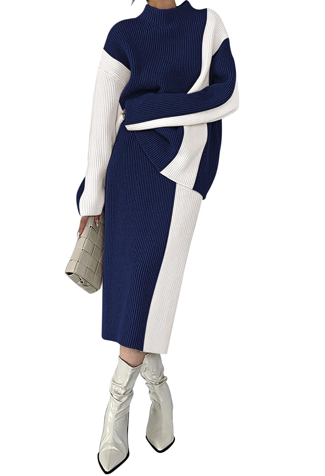 Photo 1 of Pink Queen Two Piece Sweater Set Outfits for Women Going Out Long Sleeve Oversized Top Bodycon Maxi Long Skirt Color Block Knit Formal Dresses Navy L