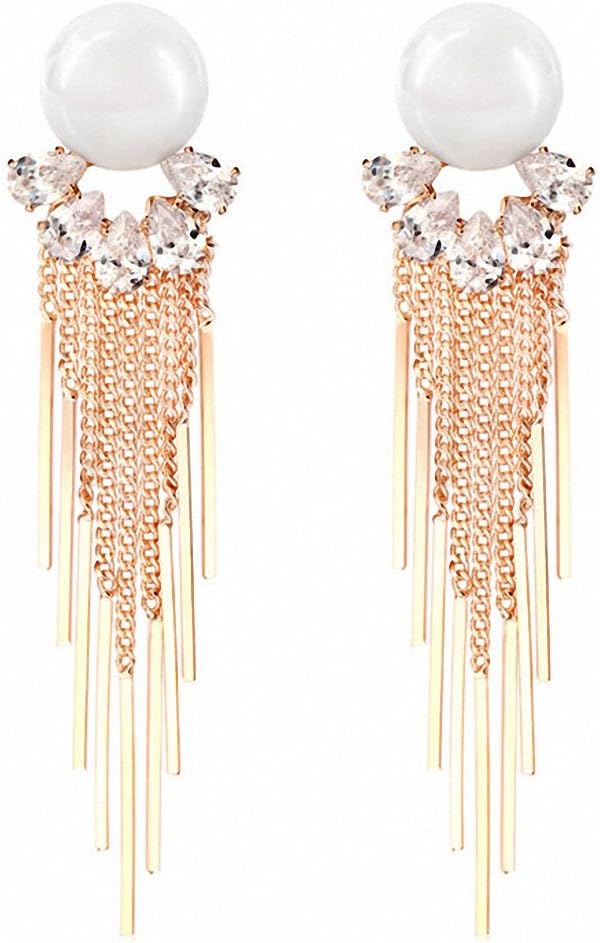 sanfnee Women's Fashion Earrings White Simulated Pearl Crystal Tassel Stud Clip Earring Long (rose gold clip earrings)