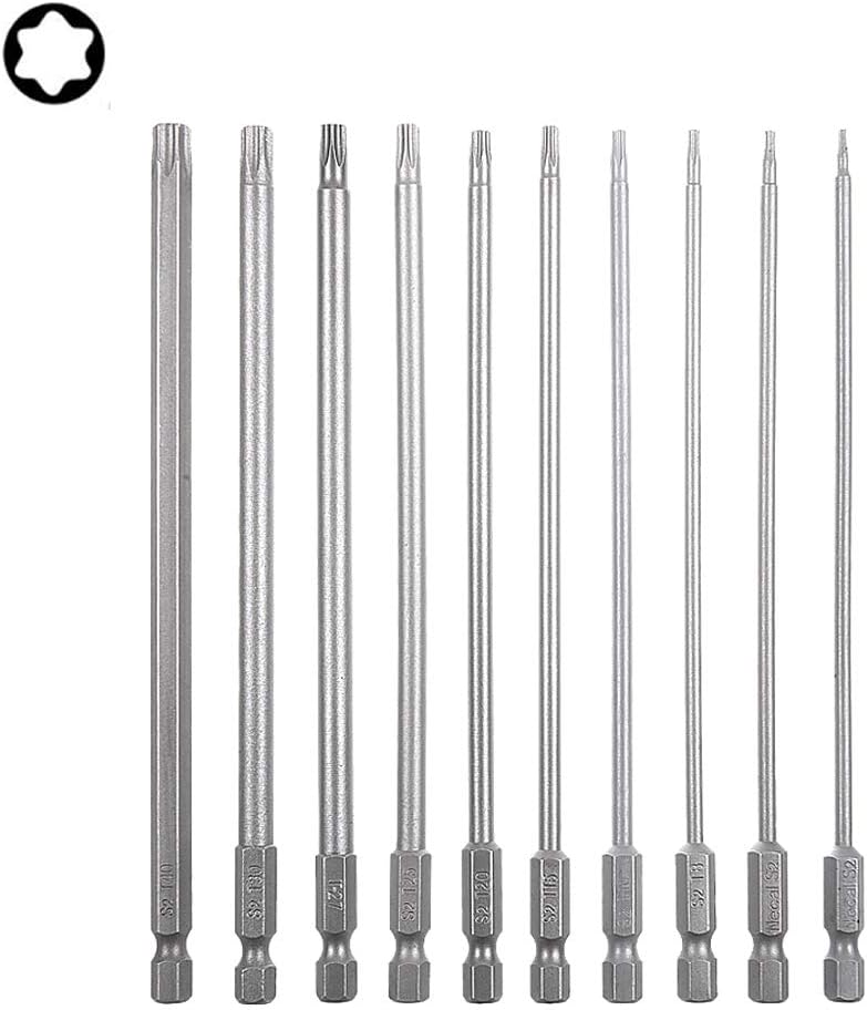 Rocaris 10pcs 6 In T6 - T40 Security Torx Bit Set - Torx Star Drive Security Screws - S2 Steel, 1/4 Inch Hex Shank - Fit All Standard Bit Holders Air and Power Tools