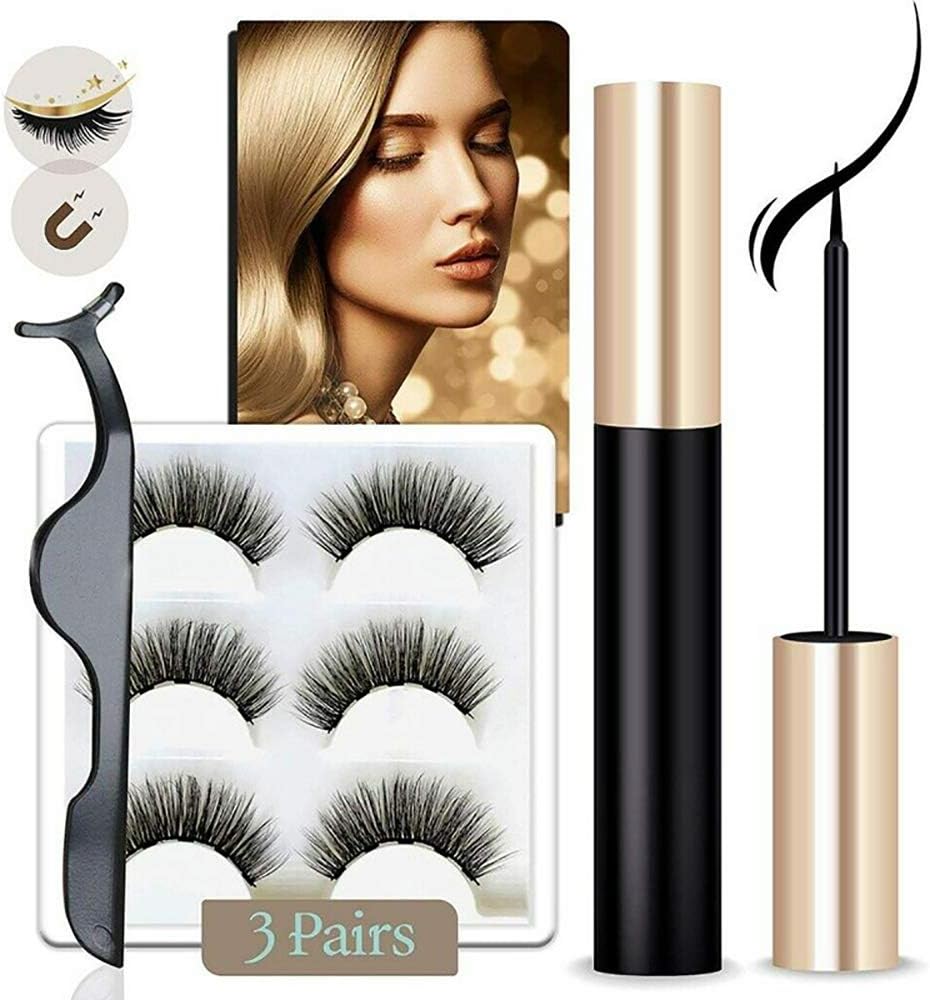 Reusable Magnetic Eyelash and Eyeliner Set, 3 Pairs of Magnetic False Eyelashes and Waterproof Eyeliner