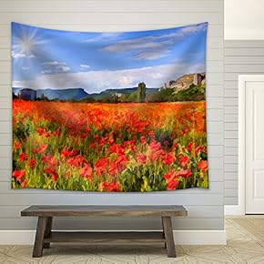 Digital Artwork in Watercolor Painting Style. Blossom Field of Poppies in Spring - Fabric Wall Tapestry Home Decor - 51x60 inches