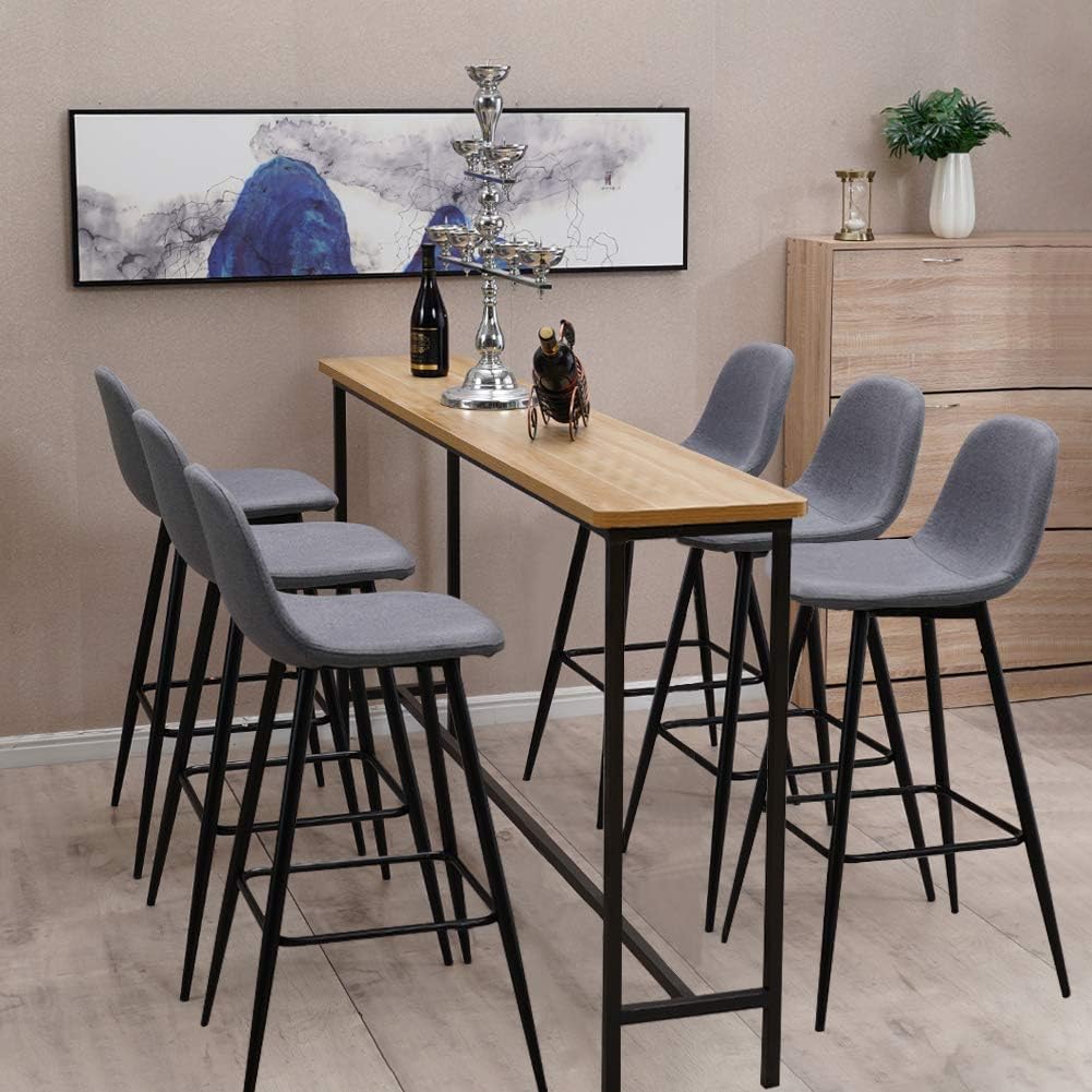 OFCASA Bar Stools Set of 6 Grey Upholstered Breakfast Kitchen Bar Stools Island Counter Chairs with Back Metal Legs for Home Kitchen 75CM Height, Linen Fabric