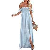 Happy Sailed Women's 2025 Summer Smocked Off The Shoulder Maxi Dresses Ruffle Short Sleeve A Line Side Slit Sundress