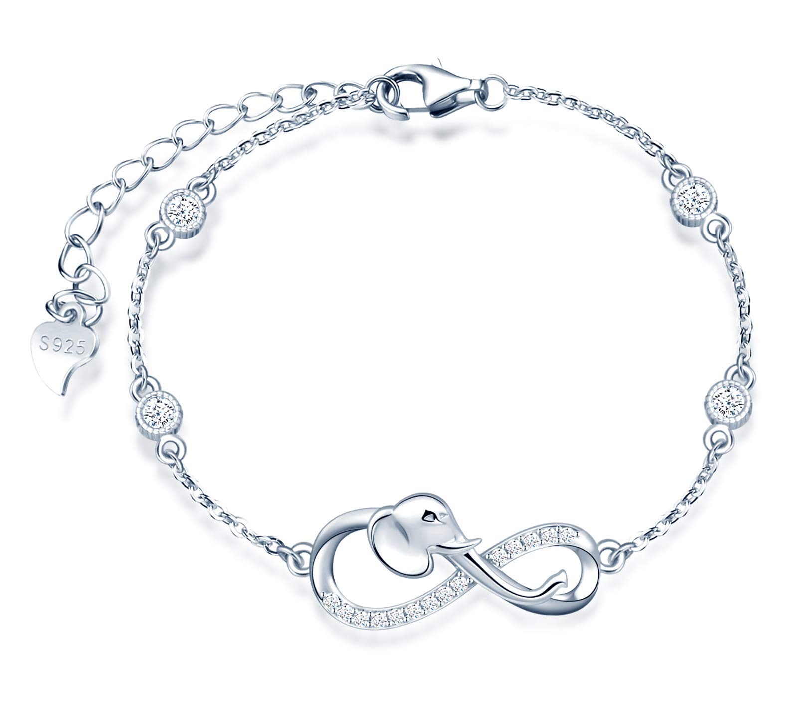INFINIONLY Women's 925 sterling silver bracelet, Cute elephant and infinity symbol inlaid zircon, silver