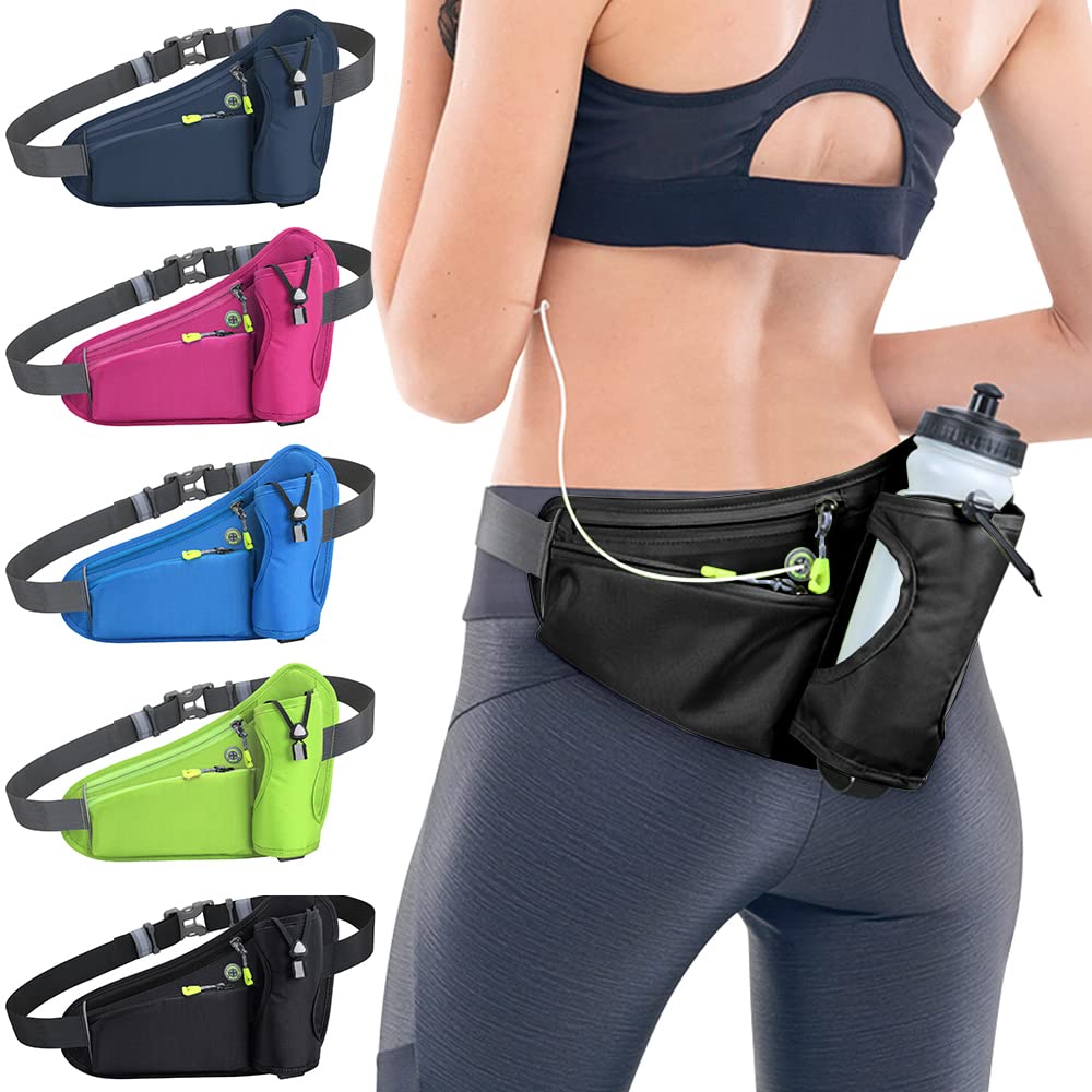Tyuodna Running Belt with Water Bottle Holder,Ultra Light and Waterproof Waist Pack, with Reflective Strips and Headphone Hole Ideal Adjustable for Exercise, Travel Hiking & Outdoor Activities (Black)