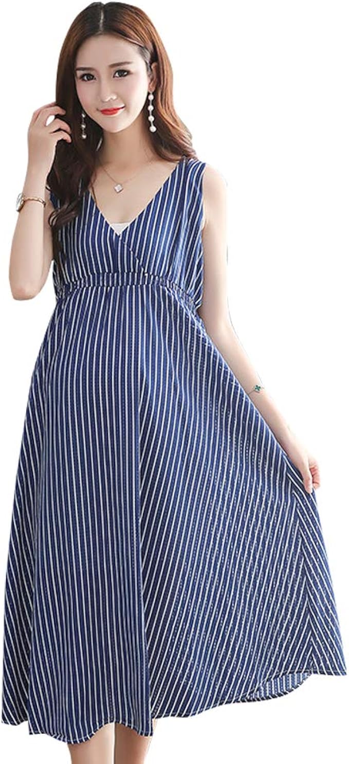 Amazon Co Jp My Spica マタニティ ワンピース ストライプ ノースリーブ Vネック 産前 産後 着れる 妊婦 授乳 服 体型カバー 春 夏 ネイビー フリーサイズ 服 ファッション小物