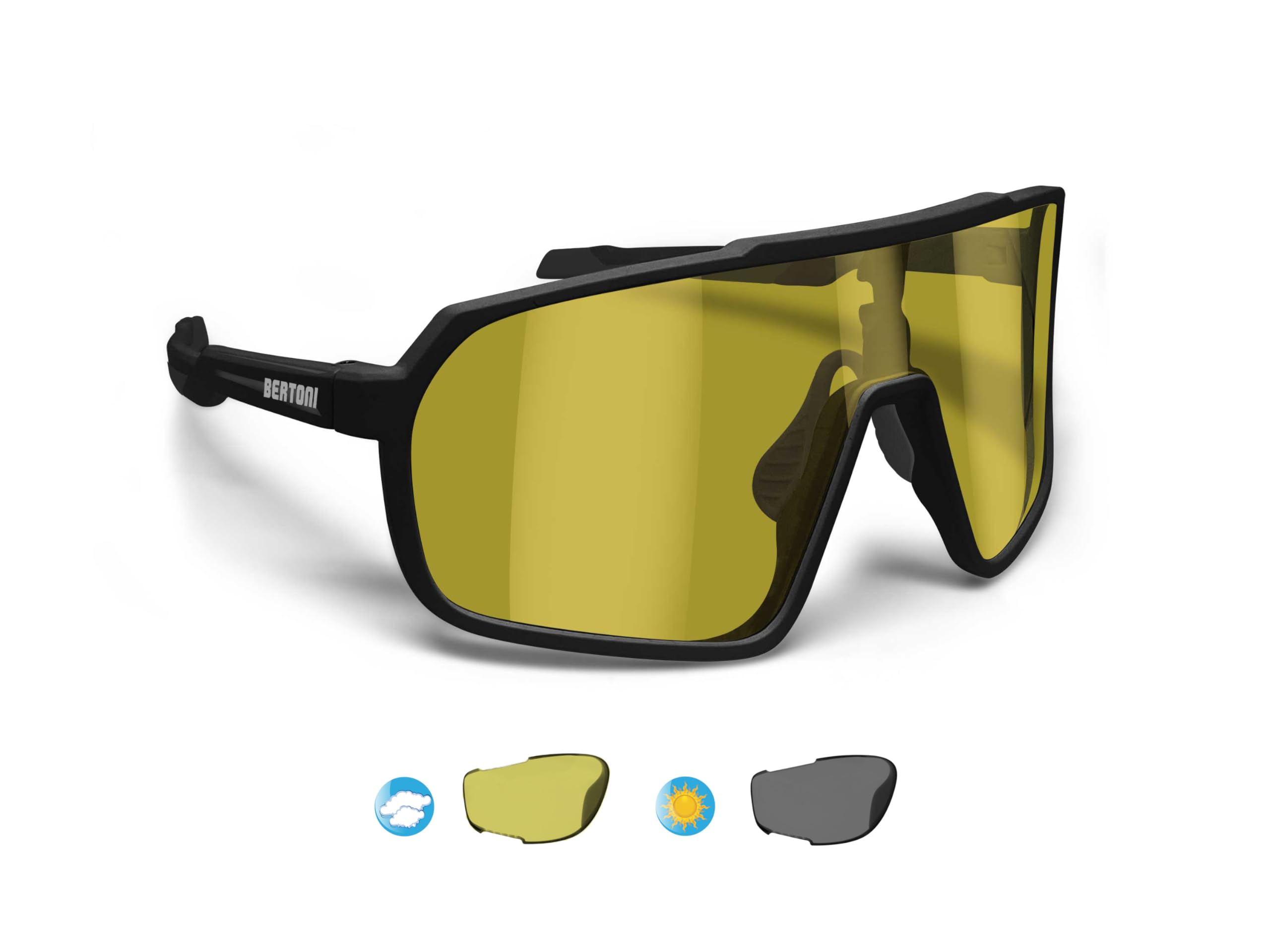 BERTONI Sport Cycling MTB Running Sunglasses for Men Women in TR90 Photochromic Polarized Yellow Large Lens mod. GEMINI