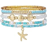 SLYAIH Shell Bracelet Seashell Boho Beaded Stretch Bracelets for Women Summer Beach Bracelets Starfish Charm Bracelet Stackable Gold Plated Bracelets Set for Women