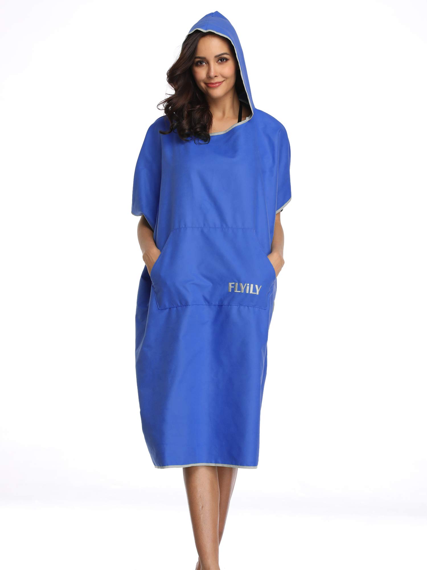 FLYILY Microfibre Surf Poncho Towel with Hood Bath Robe for swimming and beach changing One Size Fit All adults (RoyalBlue)