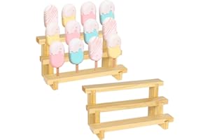 Sacolin Wood Lolli Display Racks, 2 Pcs Cake Stands, 12 Holes Cakesicle Shelf Wooden Rectangle, Stick Holders 3-Tier for Birt