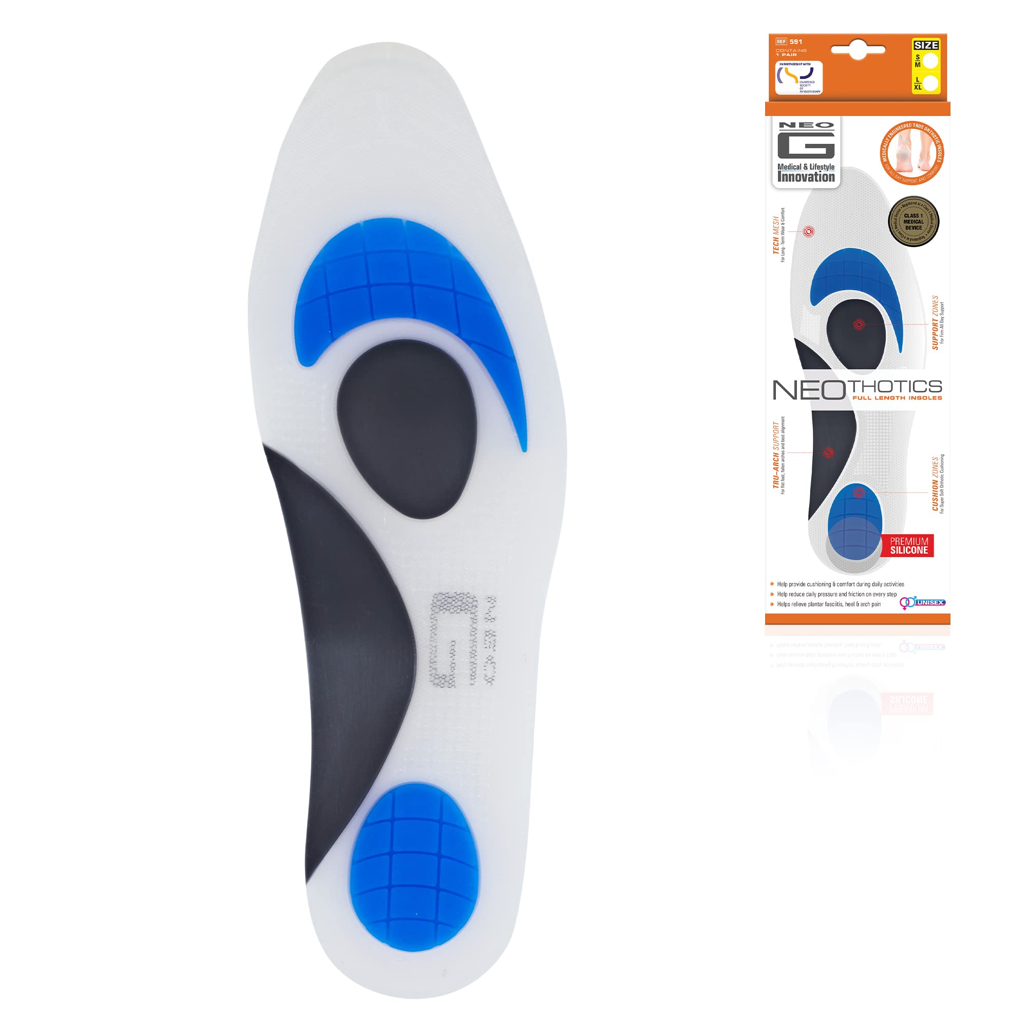 Neo G NeoThotics Full Length Insoles for Plantar Fasciitis Support, Flat Feet, Fallen Arch Support – Orthotic Insoles for Arch & Heel Pain Relief – Silicone Gel Insoles for Women and Men – S/M