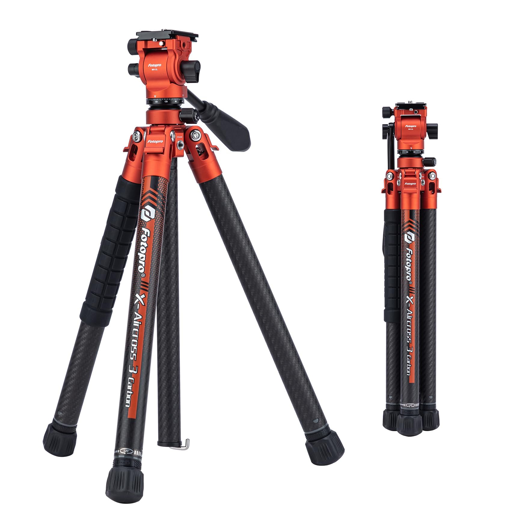 Fotopro X-Aircross 3 Lite Video 64 Inch Lightweight Travel Camera Tripod with Fluid Head 2.27lbs Portable Professional Video Travel Carbon Fiber Tripod for Camera DSLR Load up to 22lb Orange