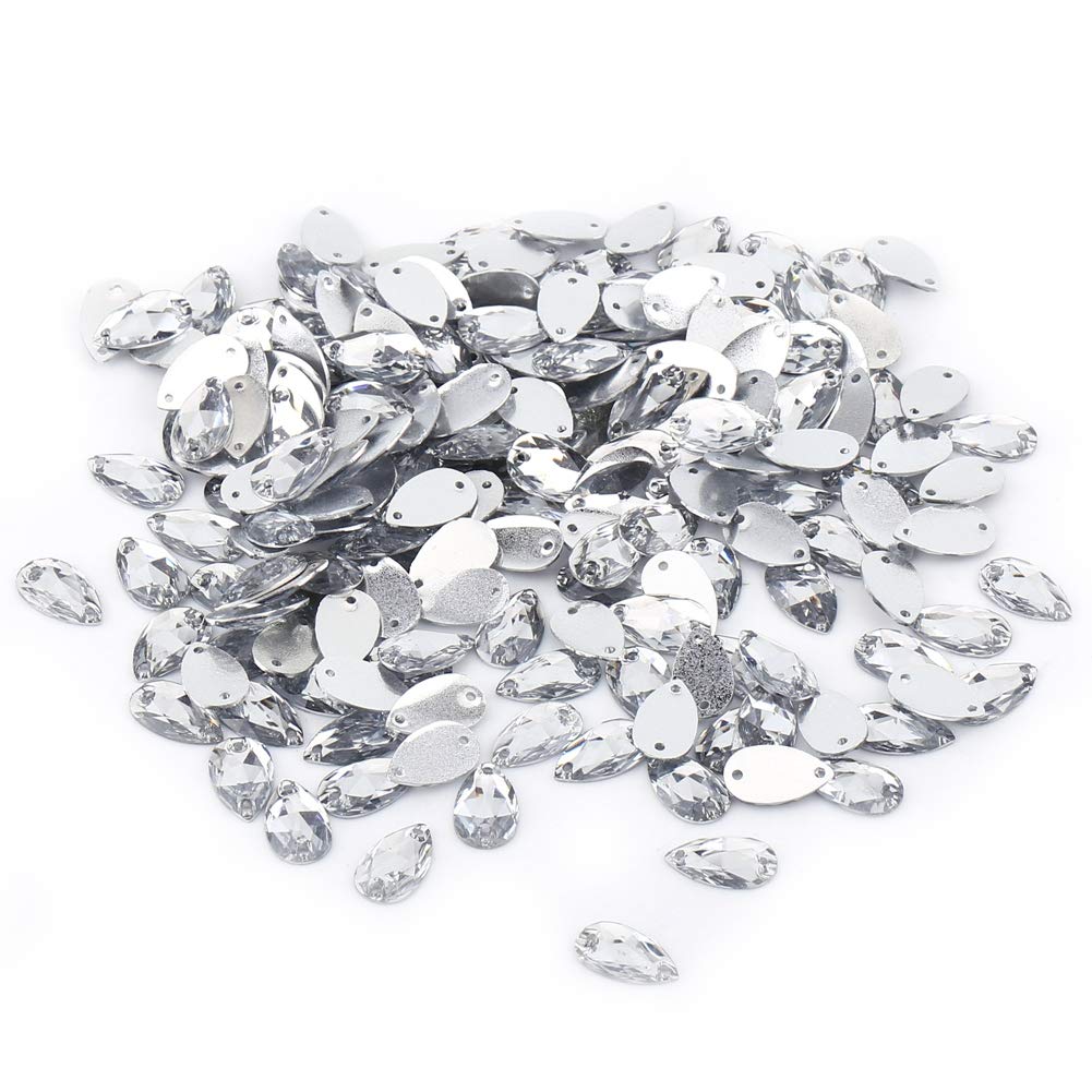 200-Piece Rhinestone Buttons Set, Teardrop Crystal Flatback Sewing Accessories with 2 Holes for DIY Craft & Home Decor (White, Acrylic Resin)